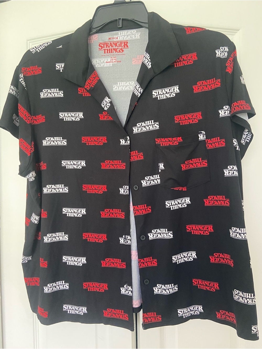 Netflix Stranger Things Black Short-Sleeve Button-Down with Red & White Logos